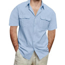 Camisa Masculina Manga Curta em Linho Cargo - Bolsos Duplos