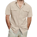 Camisa Masculina Manga Curta em Linho Cargo - Bolsos Duplos