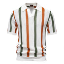 Camisa polo masculina tropical em branco com listras verde militar e laranja