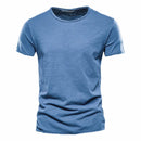 Camiseta masculina manga curta azul jeans, gola redonda slim em algodão – estilo casual