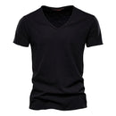 Camiseta masculina manga curta preta, gola V slim em algodão – estilo casual