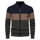 Cardigan masculino tricolor com listras em azul-marinho, marrom e verde-oliva com zíper e gola alta
