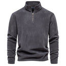 Suéter masculino cinza em fleece com zíper e gola alta – roupa térmica para frio