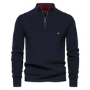 Suéter masculino tricotado azul marinho com gola alta e zíper – algodão canelado casual