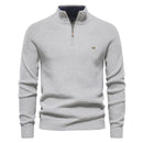 Suéter masculino tricotado cinza claro com gola alta e zíper – algodão canelado casual