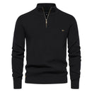 Suéter masculino tricotado preto com gola alta e zíper – algodão canelado casual