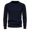 Suéter masculino azul marinho com gola redonda e textura em losangos – algodão tricotado casual clássico