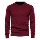 Suéter masculino vermelho com gola redonda e textura em losangos – algodão tricotado casual clássico