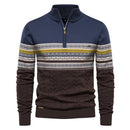 Suéter masculino com estampa nórdica, gola alta com zíper, nas cores azul jeans, e cinza com detalhes brancos