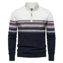 Suéter masculino com estampa nórdica, gola alta com zíper, nas cores branco, azul-marinho e vinho