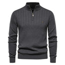 Suéter masculino cinza escuro com gola alta e zíper – tricô canelado com textura vertical