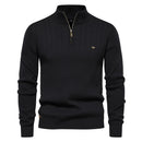 Suéter masculino preto com gola alta e zíper – tricô canelado com textura vertical